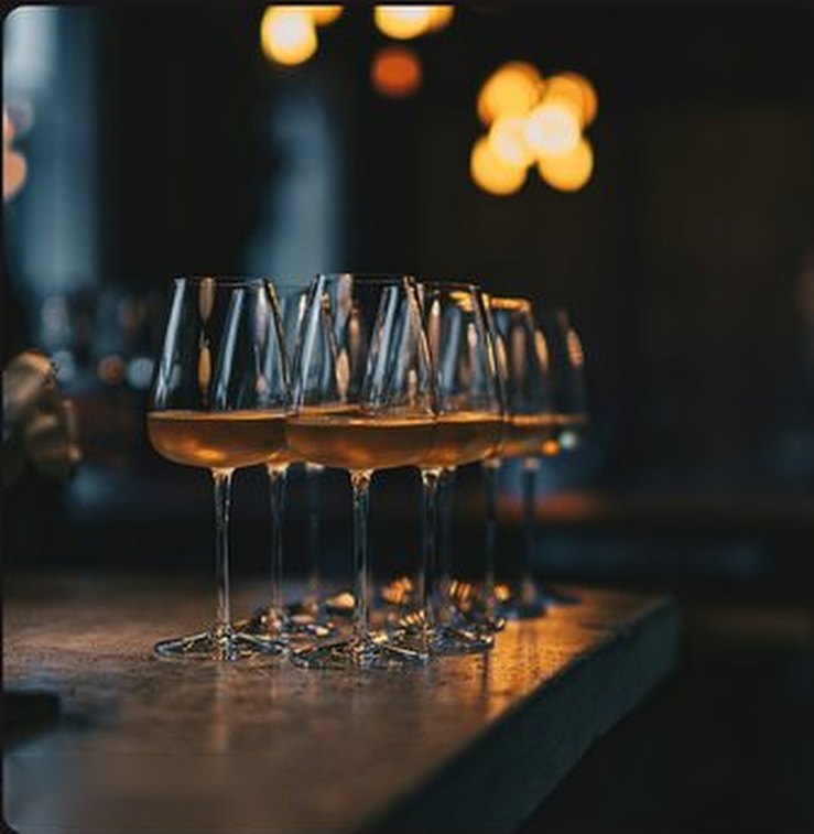 A row of wine glasses lined up for a blind tasting flight